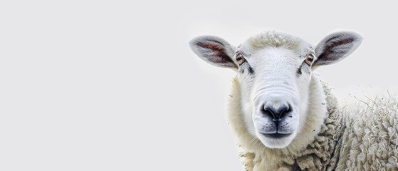 Obraz premium A close-up of a curious sheep's face with a muted gray background, capturing its gentle expression and detailed wool texture.