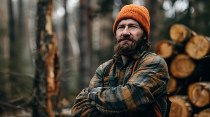 A man with a beard and a red hat stands in front of a pile of wood