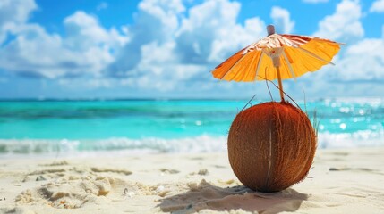 A coconut drink with a straw and umbrella on a beach
