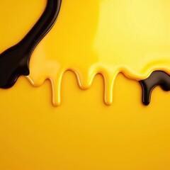 Abstract black liquid oil stain on bright yellow background. Place for text.