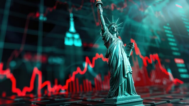 The statue of Liberty crying, inflation concept, a falling graph. The economic crisis in America. Decline in industrial production in the United States. The deterioration of the US economic indicators