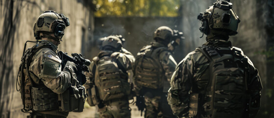 Obraz premium Group of soldiers equipped in full combat gear walking down an alley during a military exercise, the scene vibrant with sunlight.