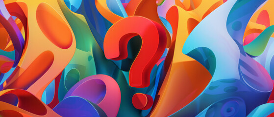 A bold red question mark stands out against a vibrant, abstract background, symbolizing curiosity...