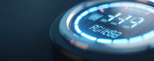 Close-up of a futuristic digital display with blue glowing lights, showing a numerical readout and technical details, technology concept.