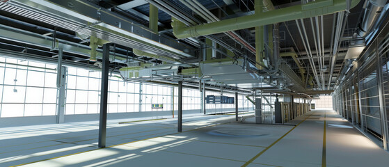 Naklejka premium An expansive, well-lit industrial hallway with exposed pipes and steel beams, illuminated by large windows and overhead lights.