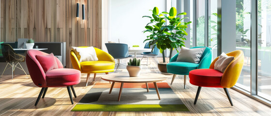 Bright and colorful modern living room with vibrant chairs, plants, and large windows, creating a cheerful and welcoming atmosphere.