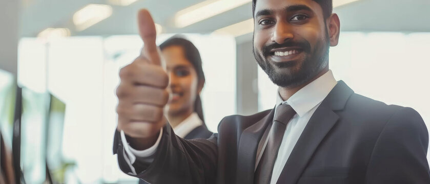 A confident businessman in a suit gives a thumbs-up with a smile, radiating positivity and success in a modern office environment.