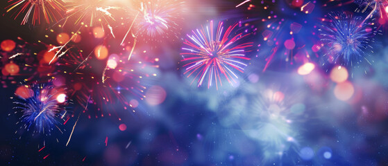 Fototapeta premium A dazzling display of colorful fireworks lights up the night sky, with vibrant bursts and shimmering lights creating a festive, celebratory scene.