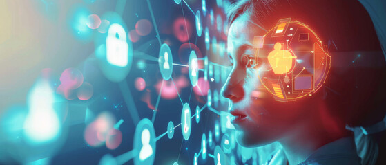 Futuristic interface with a person’s profile and a digital brain, surrounded by icons and holographic elements.