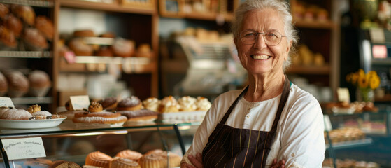 An elderly woman with a joyful smile stands confidently in her bakery, surrounded by freshly baked pastries and an inviting ambiance.