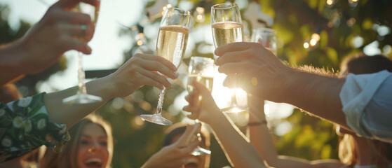 A group of friends raise their champagne glasses in a lively toast, celebrating in the golden afternoon sunlight.