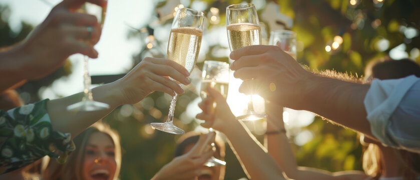 A group of friends raise their champagne glasses in a lively toast, celebrating in the golden afternoon sunlight.