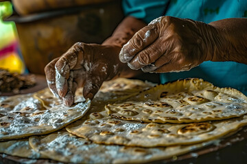 Fototapeta premium closeup of mexican hands crafting artisanal corn tortillas cultural heritage culinary tradition
