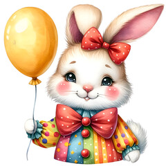 Illustration of an adorable bunny in a colorful outfit, holding a yellow balloon and smiling sweetly with a bow on its head.
