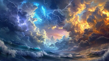 A battle between mythical titans of the sea and sky amidst storm-tossed waves and swirling clouds, illuminated by bursts of lightning.
