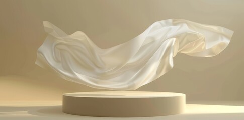 This is a luxury background for branding and product presentation. Beige color podium on gold fabric flying wave. 3D rendering illustration.