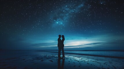 A couple dancing closely under a beautiful starry sky, the gentle waves of the ocean in the background and the moonlight reflecting on the water, creating a serene and romantic scene.