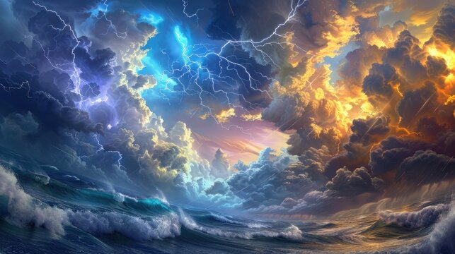 A battle between mythical titans of the sea and sky amidst storm-tossed waves and swirling clouds, illuminated by bursts of lightning.