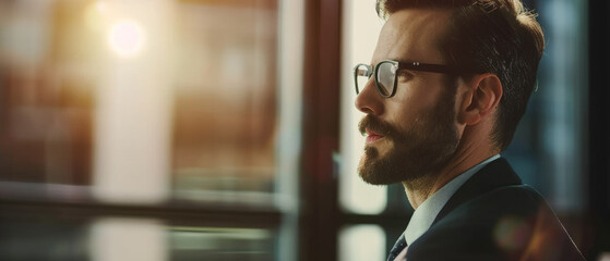 A pensive man with glasses gazes out of a sunlit office window, immersed in thought as the soft light illuminates his face.