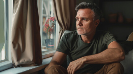 Fototapeta premium Man sitting on the sofa and looking out the window.