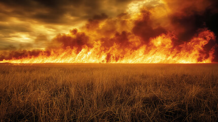 Fototapeta premium Field of dry grass consumed by massive fire under smoky sky, highlighting the destructive force and dramatic impact of wildfire.