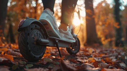 Scavenger riding a scooter on a dirt road. Can be used as a backdrop for outdoor adventure or travel themes.