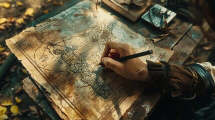 Vintage world map outdoors with traveler planning adventure