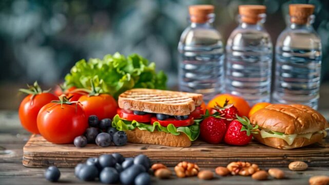 An elementary school lunchbox with sandwiches, fruits, vegetables, blueberries, nuts, and a bottle of water is displayed on a wooden table with a wooden chair