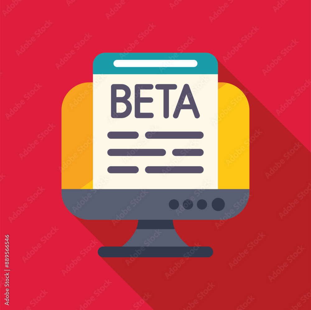 Poster simple colorful icon of a desktop computer displaying beta software version interface on screen