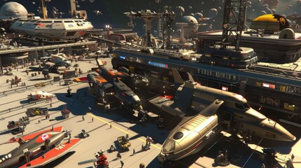 A bustling spaceport with various spacecraft docking and departing.