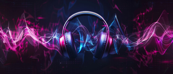 Neon-lit headphones pulse with vibrant soundwaves against a dark, electrifying backdrop, illustrating the fusion of music and technology.