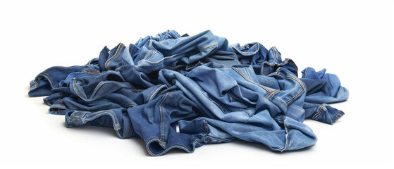 A heap of blue jeans, casually piled together, showcasing various shades and textures of denim on a plain white background.