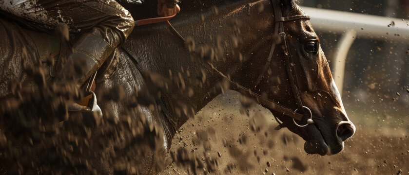 A thrilling capture of a horse race in action, with mud splattering around as a horse and rider speed past the camera.