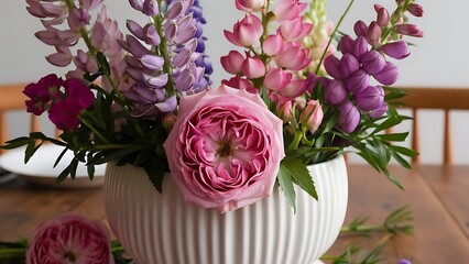 Obraz premium white vase with purple and pink lupine and pink flowers blooming dogrose on the table selective focus