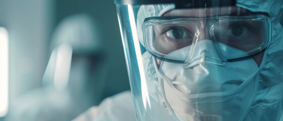 A close-up of a medical researcher wearing a transparent face mask and goggles, focusing intently on their work in a sterile lab environment.