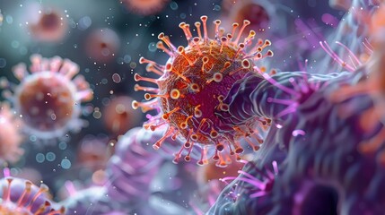 A microscopic view of virus particles attaching to a host cell, with detailed visualization of the viral entry process.