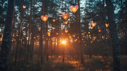 A forest scene at sunset with heart-shaped balloons floating in the sky, the trees bathed in a warm golden light, evoking a sense of romance and tranquility. Captured with a DSLR, wide-angle view,