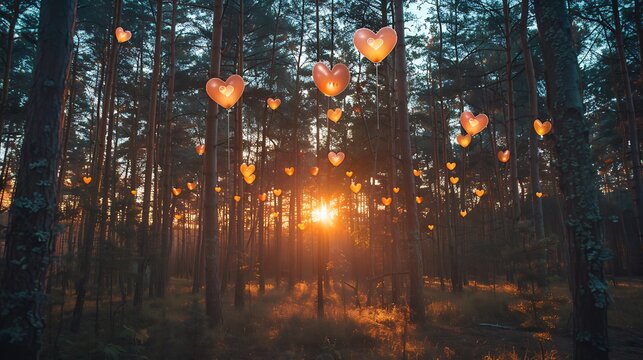 A forest scene at sunset with heart-shaped balloons floating in the sky, the trees bathed in a warm golden light, evoking a sense of romance and tranquility. Captured with a DSLR, wide-angle view,