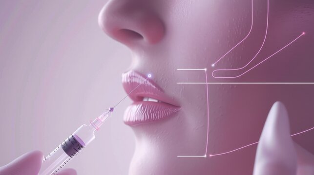 A close-up view of a woman receiving a lip injection, highlighting the syringe and the pink lines on her face.