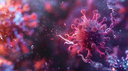 A conceptual image of a virus particle dissolving in a medical solution, symbolizing the effectiveness of treatments or vaccines.