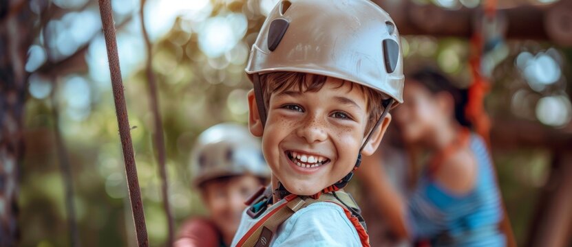 Taking a climb at adventure park with dad and son. - Powered by Adobe