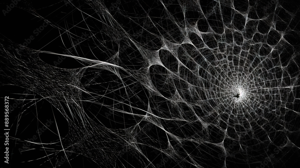 Poster Abstract fractal sipder web on dark background with grungy ornament of broken moody web and particles.