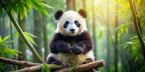 Obraz premium Adorable giant panda cub sitting on a tree branch, surrounded by lush green bamboo, in a serene and peaceful natural forest environment.