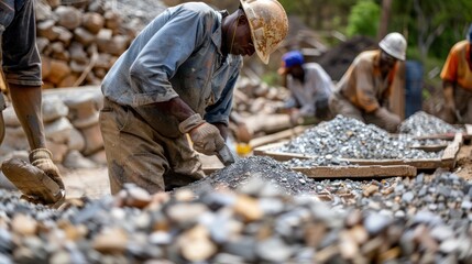 Detailed shot of raw diamond mining process with workers sorting through extracted material.