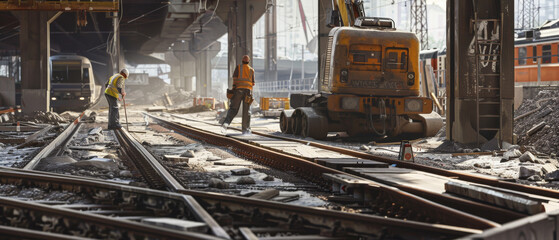 Amidst a sunlit construction site, railway workers in orange vests work meticulously on tracks, framed by scaffolding and towering machinery, epitomizing industrious efforts.