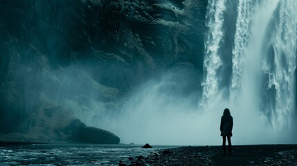 Obraz premium There is a sense of wonder and adventure as a lone traveler stands in awe of a magnificent waterfall, dwarfed by its size and power