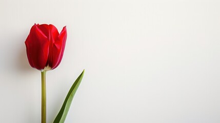 Obraz premium Single red tulip against stark white background, with copy space