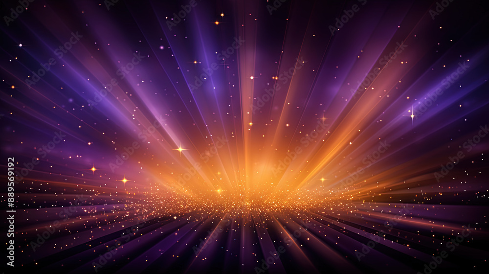 Poster abstract backgound with purple and orange light rays. god rays or light burst with bokeh