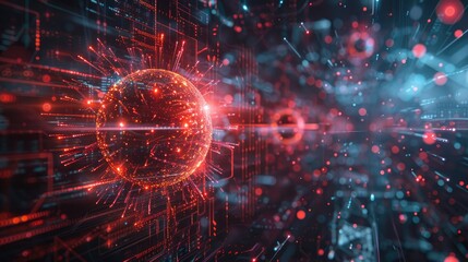 Obraz premium A futuristic digital landscape with a virus particle at the center, surrounded by glowing lines and data streams.