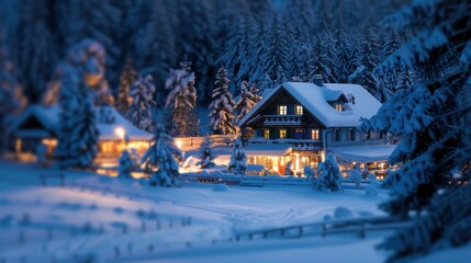architectural photography  of a snowy ski lodge exterior during twilight hour,  with copy scape